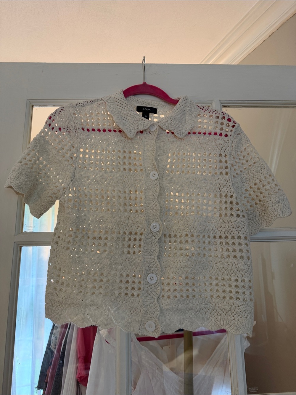 Aqua Cream Crochet Button-Front Top
Size: Small
Retail: $68